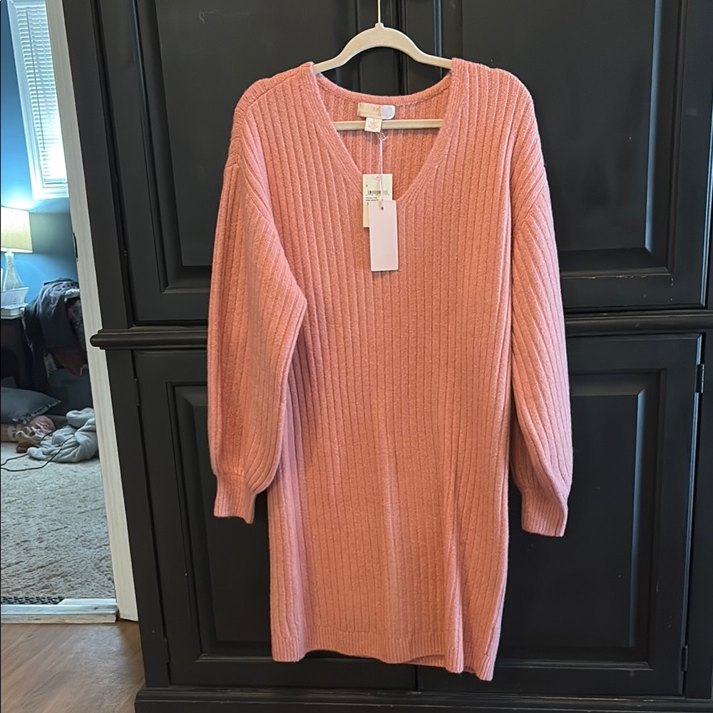 Rachel Parcell Pink Ribbed Knit Sweater Dress